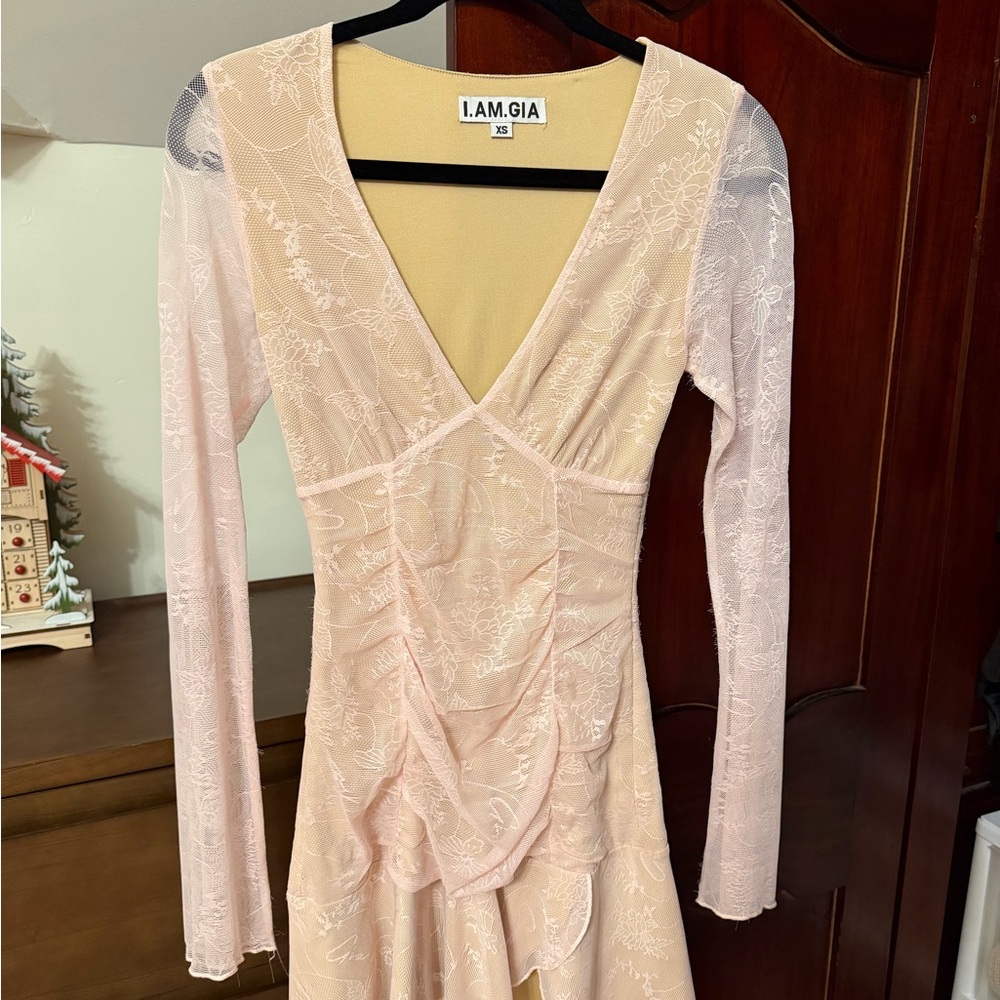 I.AM.GIA Pale Pink Lace Long-Sleeve V-Neck Dress
